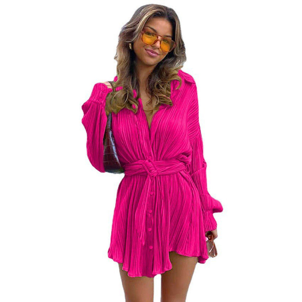 Ladies nan pleated shirt dress with waist belt and concealed button placket Mune Fashion