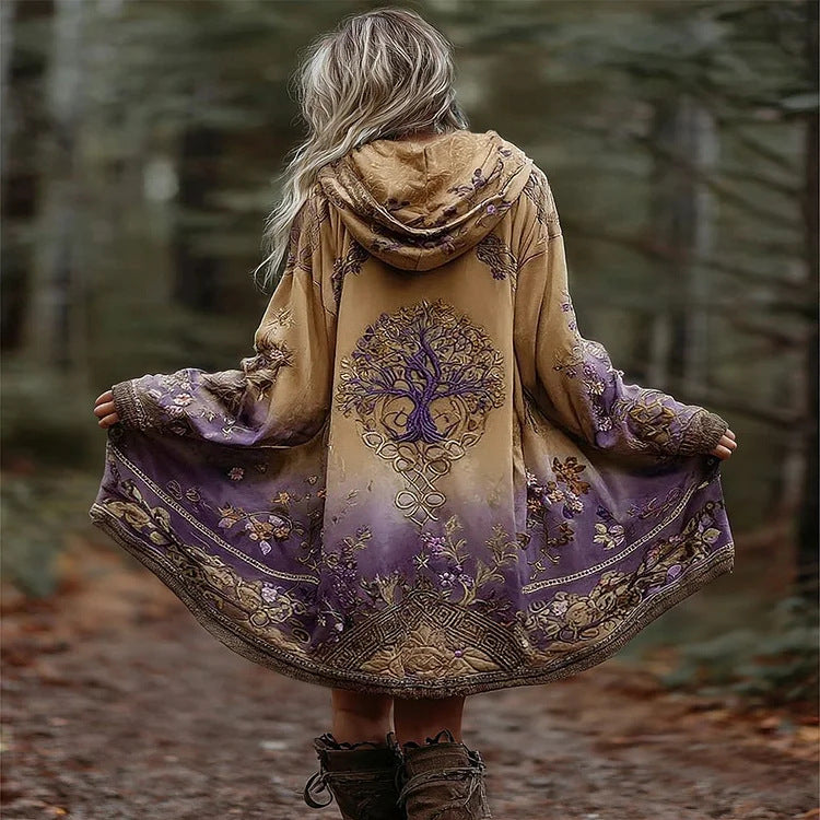 Women’s Boho Hooded Coat in Swing Cut with Tree Motif and Gradient Mune Fashion