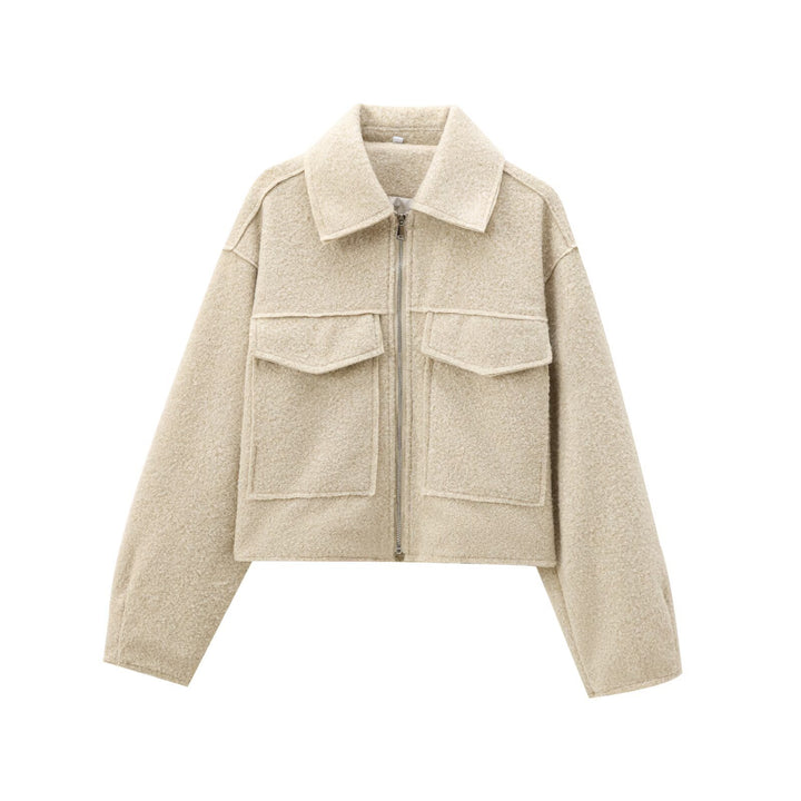 Women Short Boucle Jacket in Boxy Cut with Zip and Flap Pockets Mune Fashion