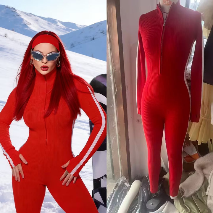 Women's Fitted Rib Knit Jumpsuit with Stand Collar, Zipper and Thumb Hole Mune Fashion