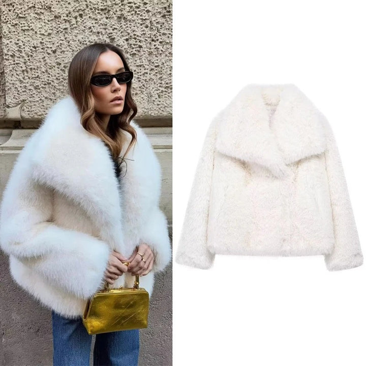 Women's Short Faux Fur Jacket in Bolero Style with Extra Soft Shawl Collar Mune Fashion