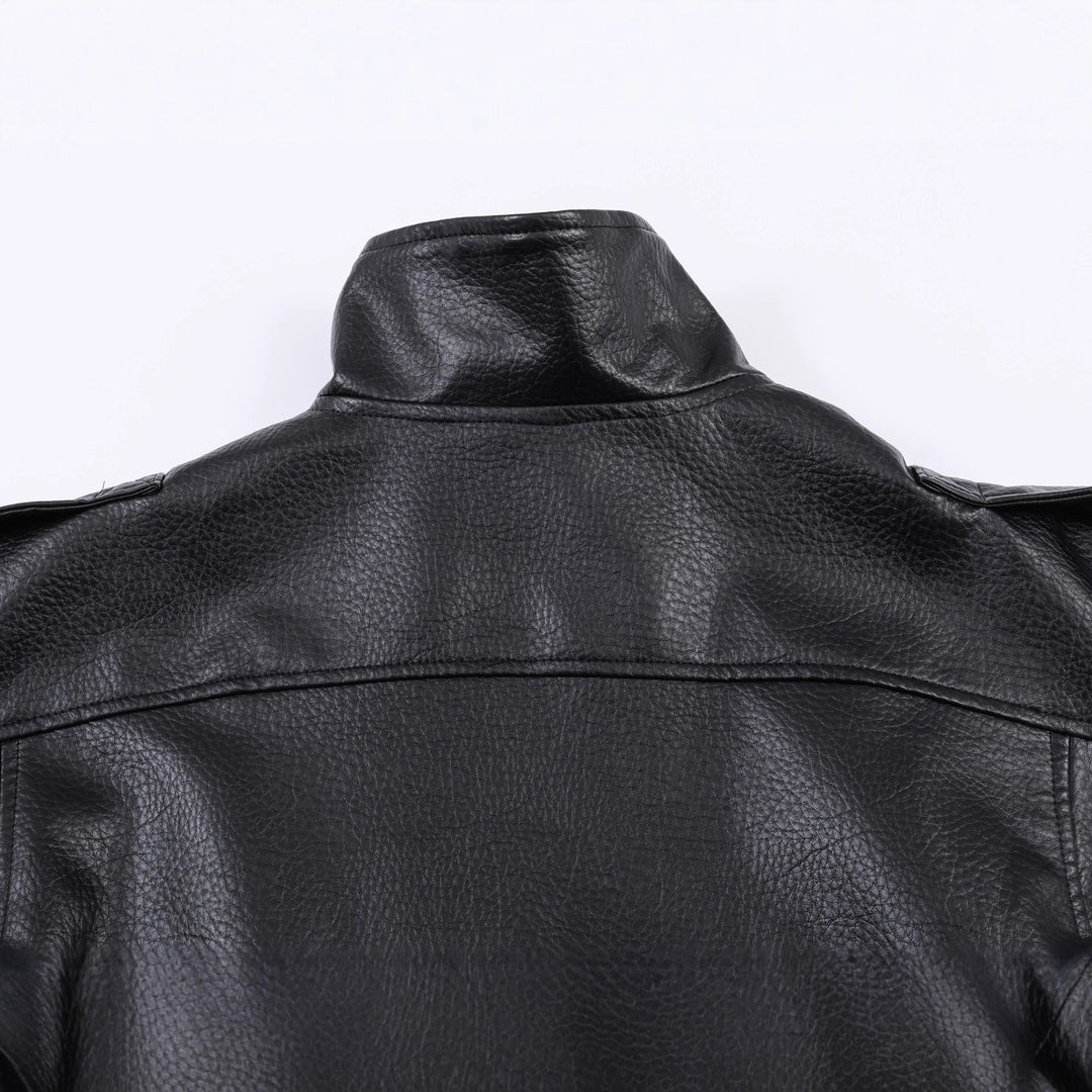 Women's Short Oversized Bomber Jacket in Vegan Leather Look with High Funnel Neck Mune Fashion