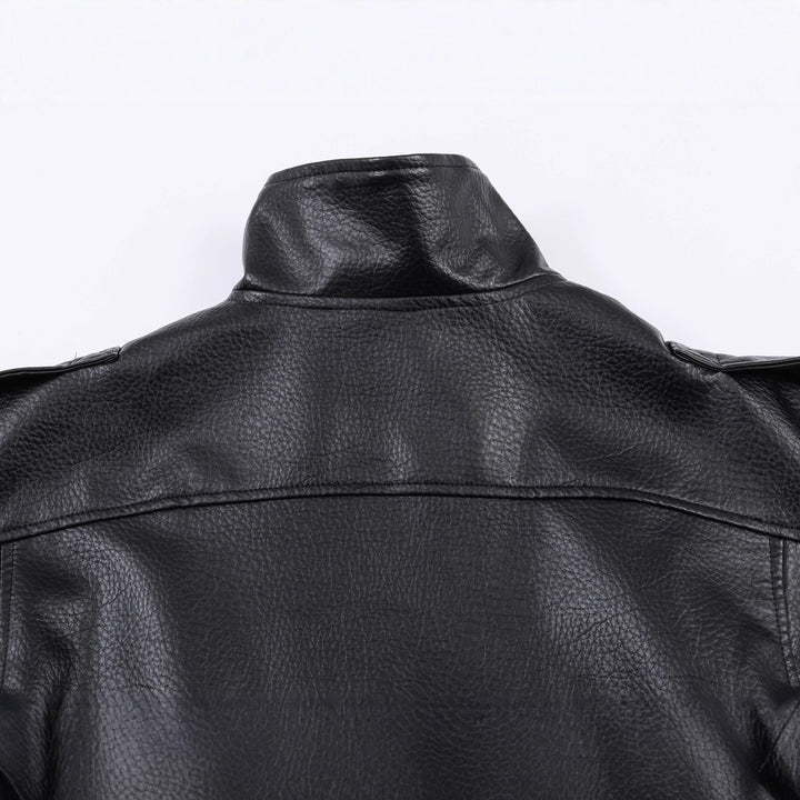 Women's Short Oversized Bomber Jacket in Vegan Leather Look with High Funnel Neck Mune Fashion