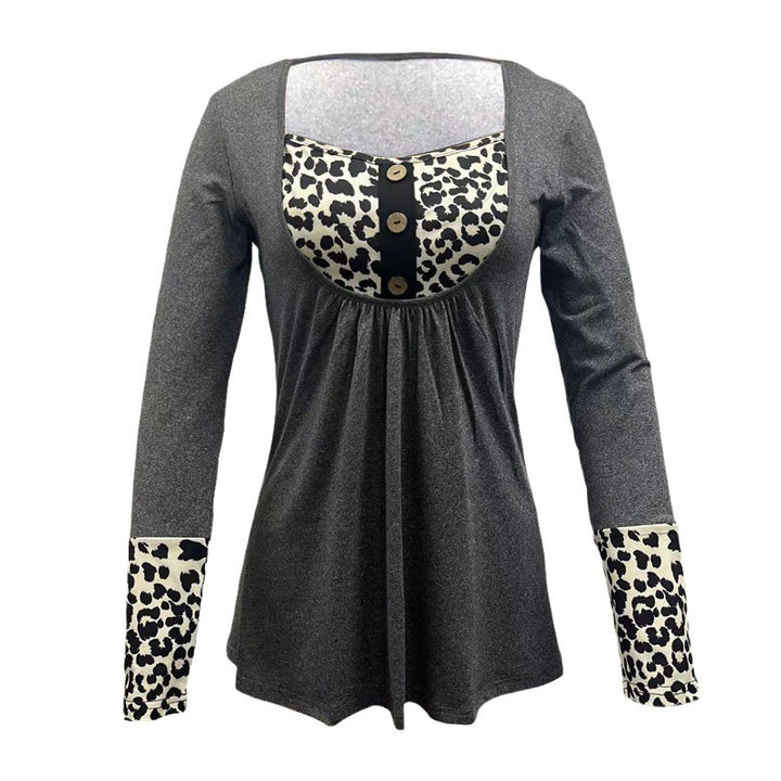 Women's long-sleeve shirt with leopard insert, gathered waistband and button placket Mune Fashion