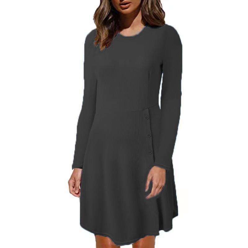 Women's Ribbed A-Line Dress with Round Neckline, Long Sleeves and Side Button Placket Mune Fashion