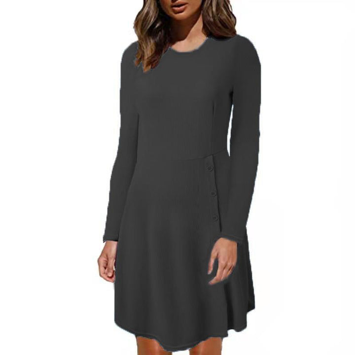 Women's Ribbed A-Line Dress with Round Neckline, Long Sleeves and Side Button Placket Mune Fashion