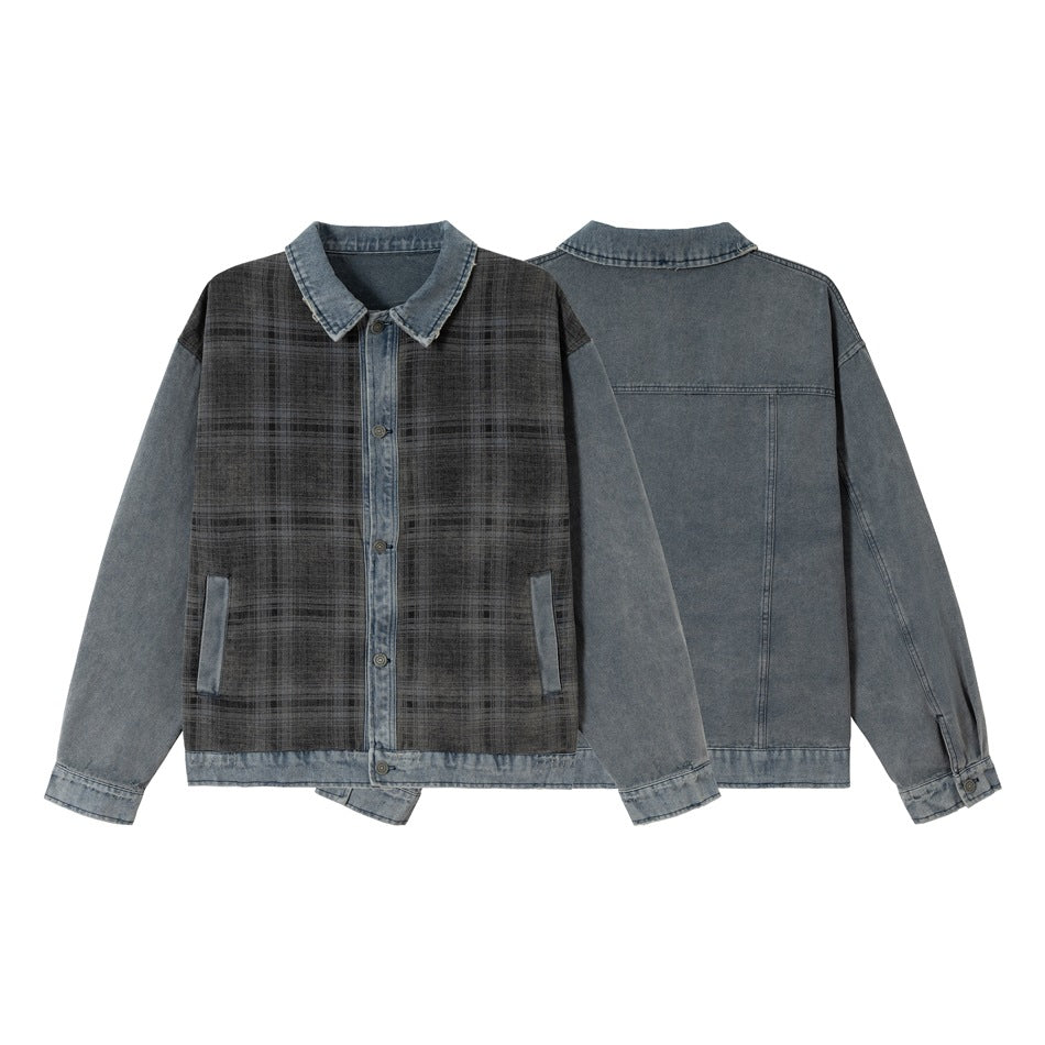 Unisex Boxy Denim Jacket with Checkered Front Panel, Contrasting Denim Sleeves and Snap Button Placket Mune Fashion