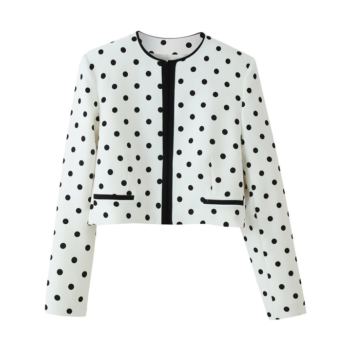 Women’s Cropped Transitional Jacket in Polka Dot Design with Round Neckline and Contrasted Trim Processing Mune Fashion