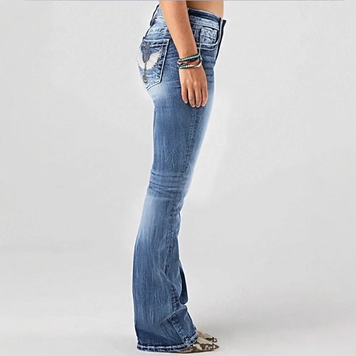 Women mid-rise bootcut jeans with vintage wash, light stretch and five-pocket design Mune Fashion