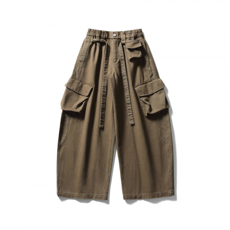 Unisex Wide Cargo Cropped Pants with High Elastic Waistband, Multiple Pockets and Drawstring Mune Fashion