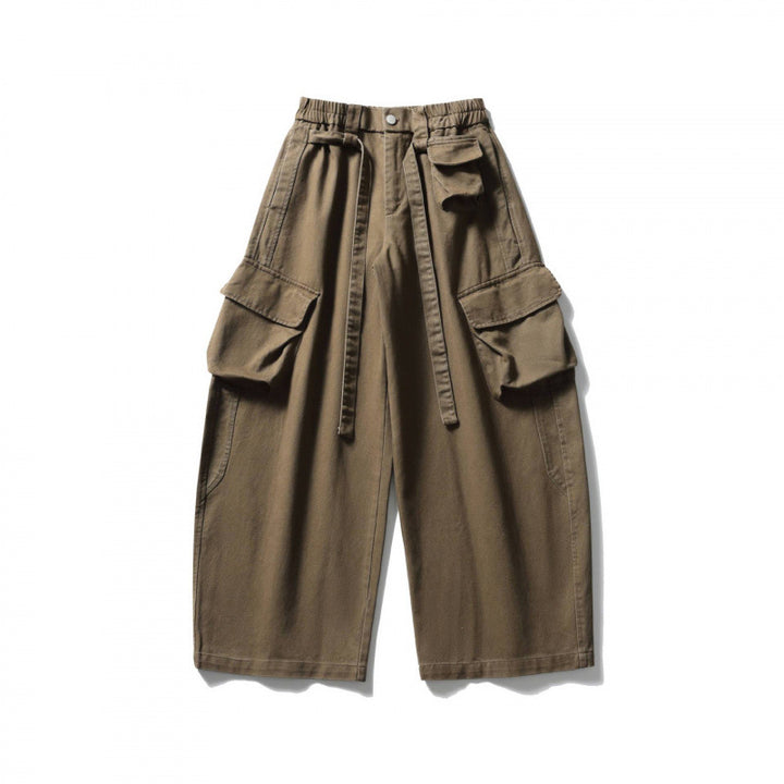 Unisex Wide Cargo Cropped Pants with High Elastic Waistband, Multiple Pockets and Drawstring Mune Fashion