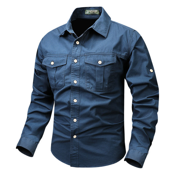 Men's robust cotton twill shirt with double chest flap pockets and roll-up sleeve system Mune Fashion