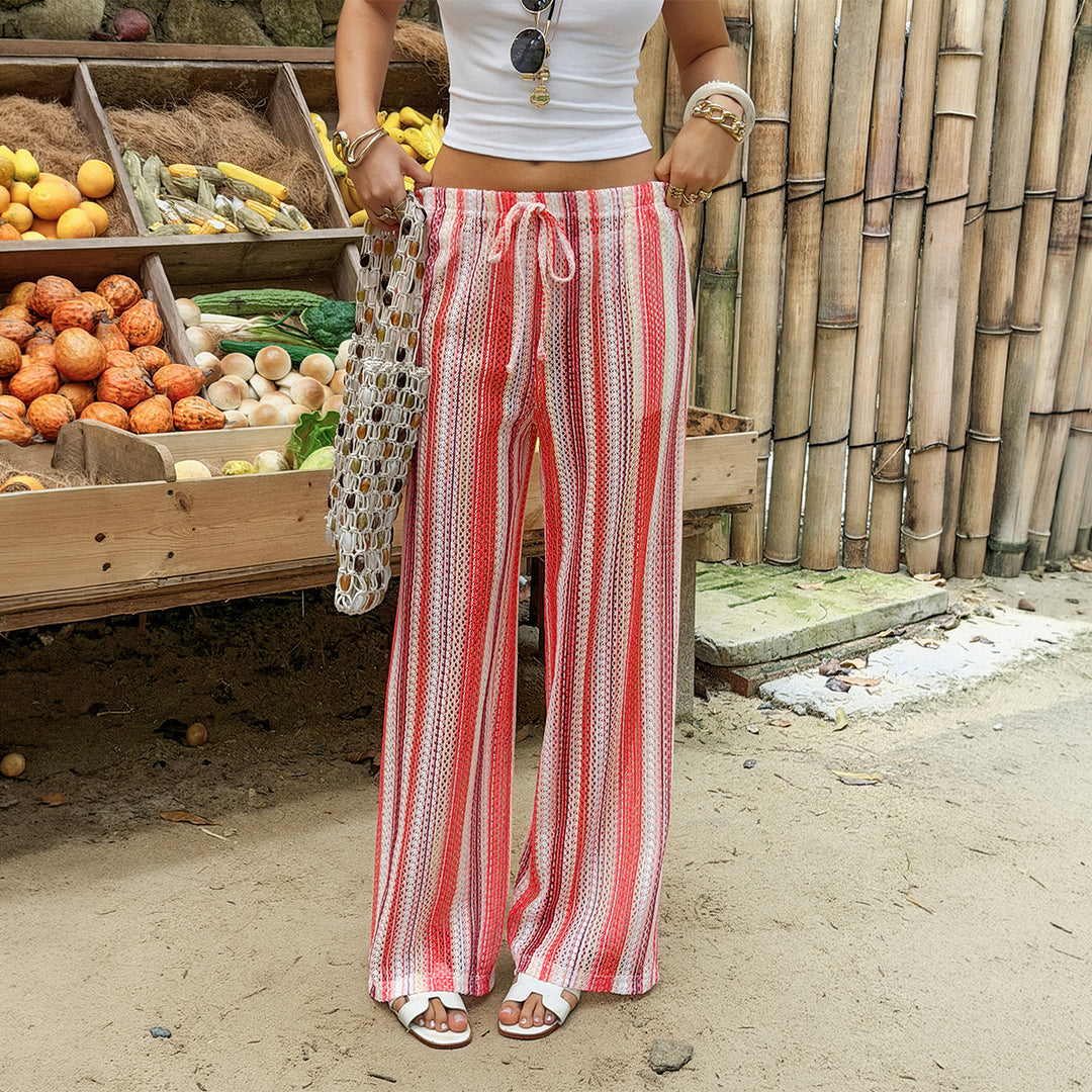 Women crochet casual beach pants with wide leg, drawstring waistband and fine stripe pattern Mune Fashion