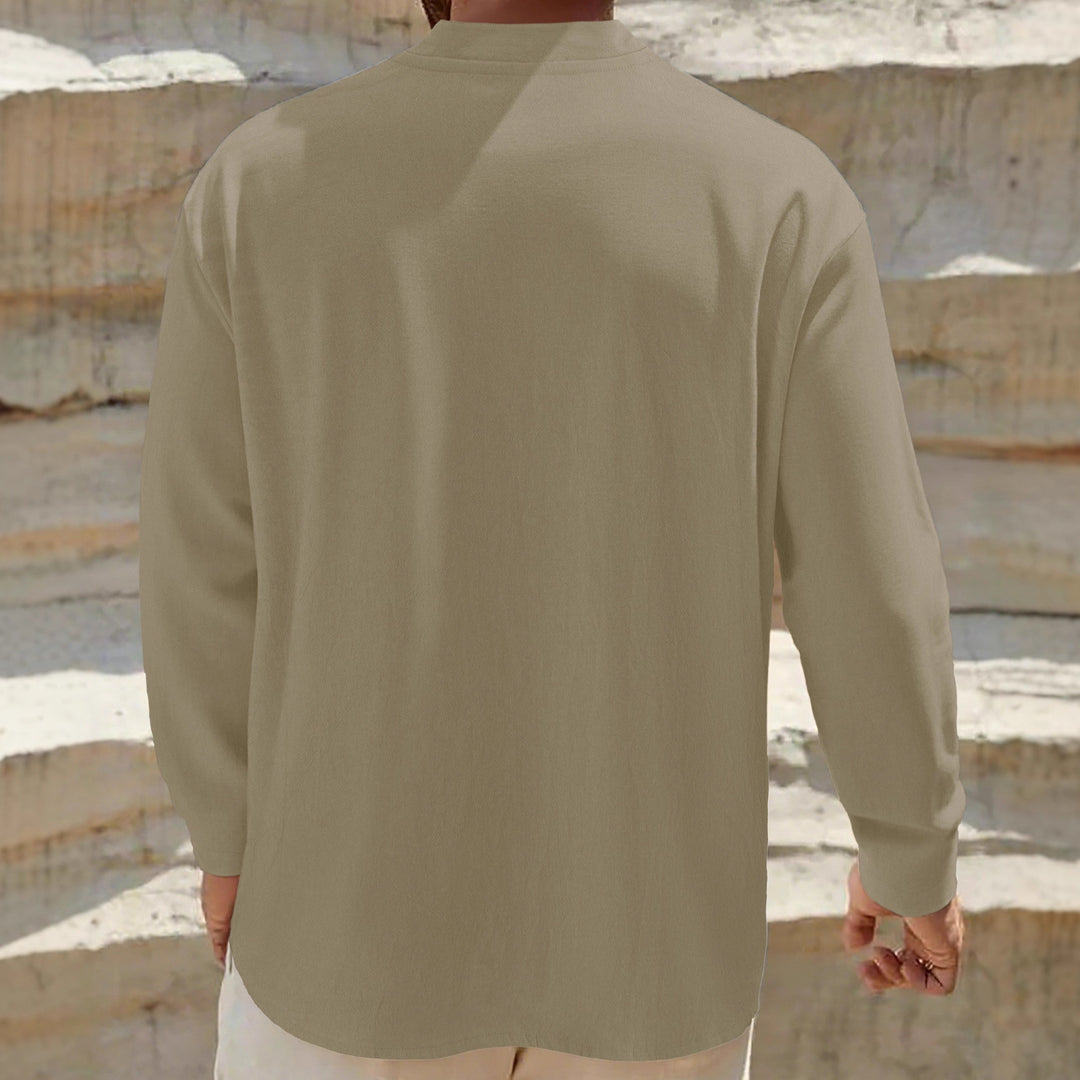 Men's loose-fitting tunic shirt with mandarin collar, two-button Henley placket, and light texture Mune Fashion