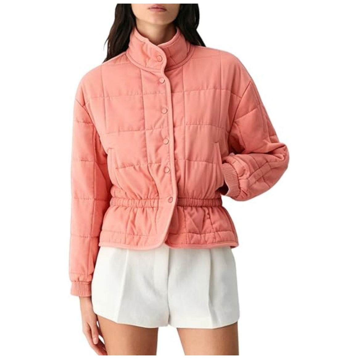 Women's cropped quilted jacket with stand-up collar and drawstring waist Mune Fashion