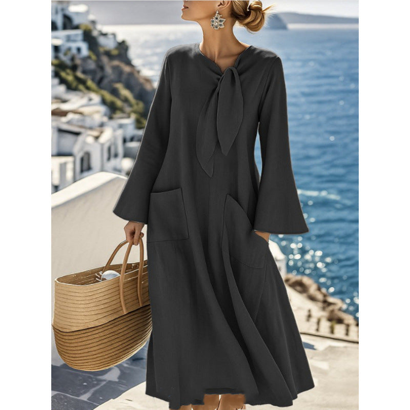 Women's Lightweight Maxi Dress with Bind Bow, Bell Sleeves and Patch Pockets Mune Fashion