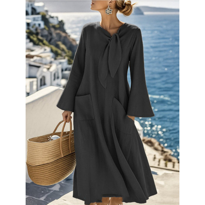 Women's Lightweight Maxi Dress with Bind Bow, Bell Sleeves and Patch Pockets Mune Fashion