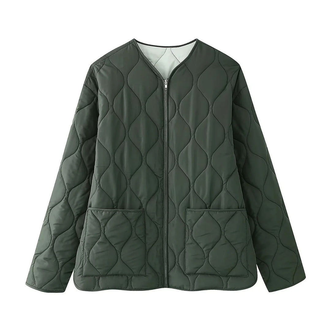 Ladies nan lightweight A-line quilted jacket with drop quilting, round neckline and patch front pockets Mune Fashion