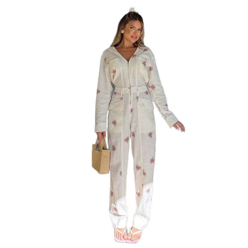 Women's Lightweight Long Jumpsuit with V-Neck, Zipper, Lace Inserts, and Floral Print Mune Fashion