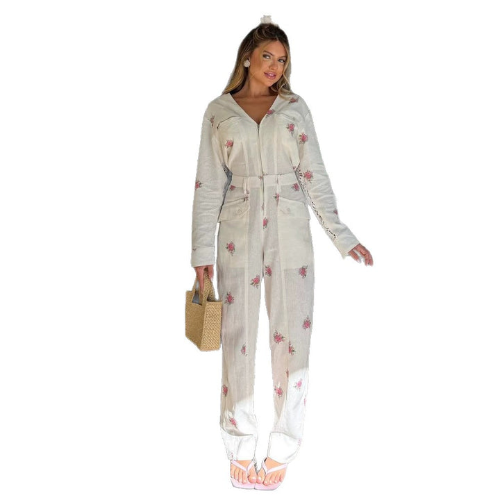 Women's Lightweight Long Jumpsuit with V-Neck, Zipper, Lace Inserts, and Floral Print Mune Fashion