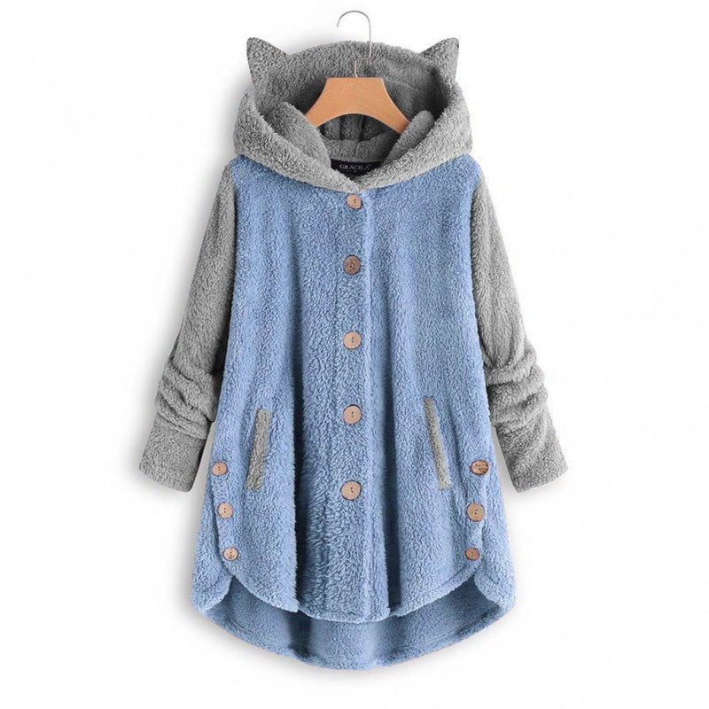 Women's Cozy Hooded Teddy Jacket with Cat Ears, Wooden Button Details and High-Low Hem Mune Fashion