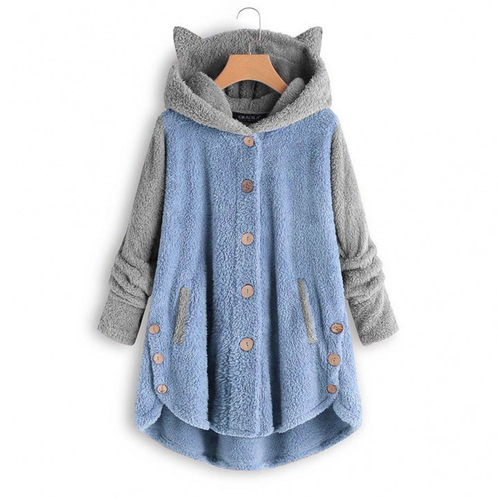 Women's Cozy Hooded Teddy Jacket with Cat Ears, Wooden Button Details and High-Low Hem Mune Fashion