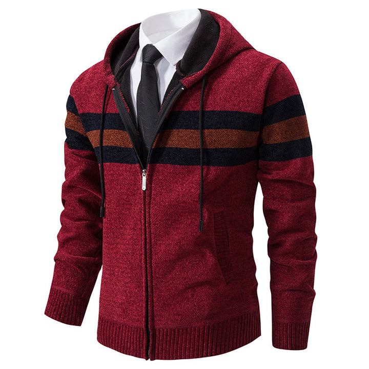 Men's Knitted Hooded Cardigan with Contrast Stripes and Zipper Mune Fashion