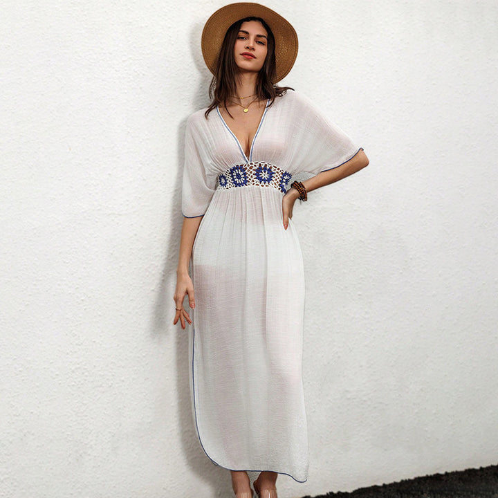 Women elegant maxi dress with floral crochet accents Mune Fashion
