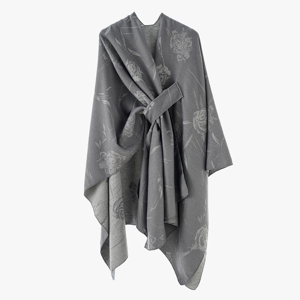 Ladies Reversible Jacquard Wrap with Rose Pattern and Tying Belt Mune Fashion