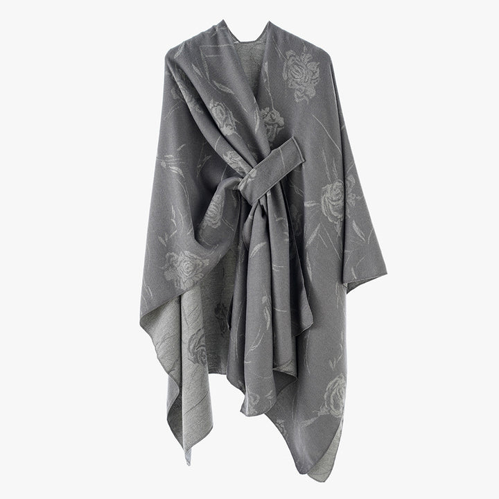 Ladies Reversible Jacquard Wrap with Rose Pattern and Tying Belt Mune Fashion