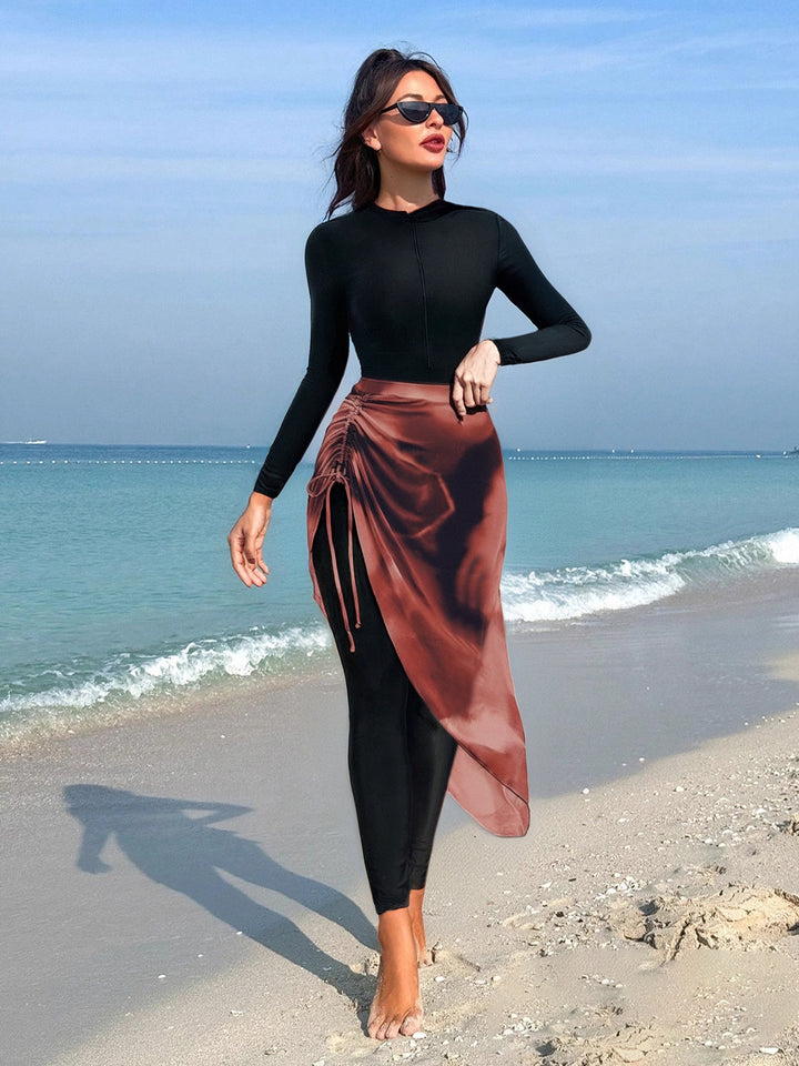 Women's Combined Long Sleeve Swimsuit with Asymmetrical Skirt Mune Fashion