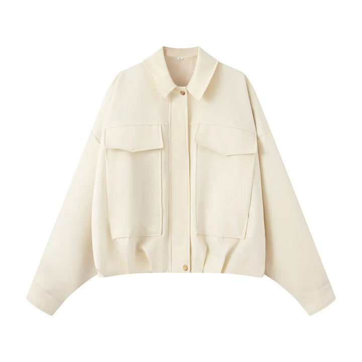 Women nan cropped overshirt jacket with extra long sleeve part, large flap pockets and hidden button placket Mune Fashion