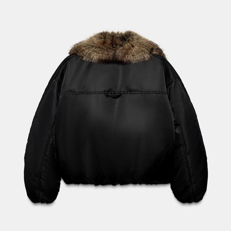 Women's Oversize Bomber Jacket with Voluminous Fur Collar and Satin Sleeves Mune Fashion