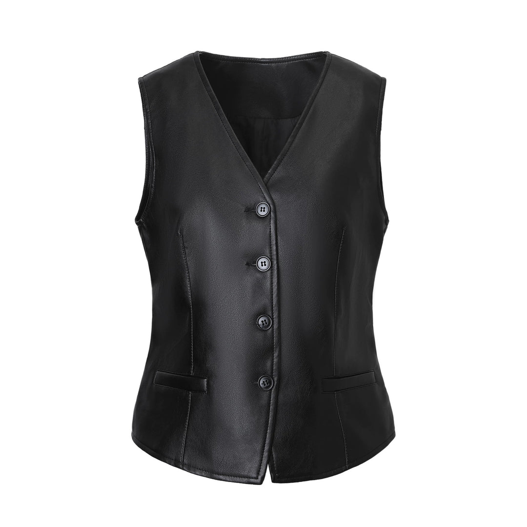 Women Tailored Leather Vest with V-Neck and Button Placket Mune Fashion