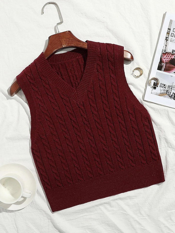 Women Classic Cable Knit Vest with Slim Fit and V-Neck Mune Fashion