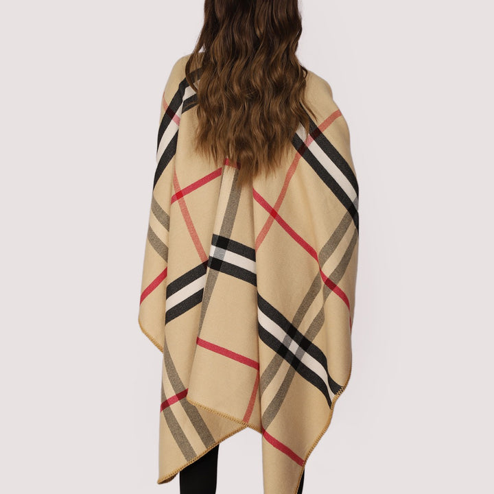 Women's Checked Wool Blend Poncho in Oversized Cape Cut with Decorative Stitch Edge Mune Fashion
