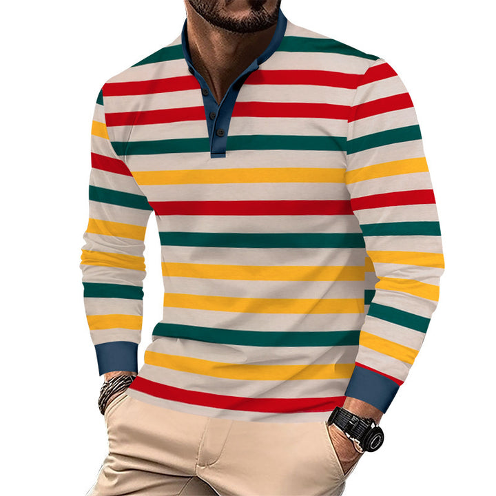 Men's striped long-sleeve Henley shirt with stand-up collar, slim fit and elastic cotton mix Mune Fashion