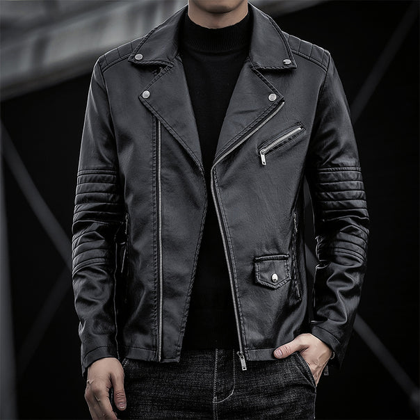 Men's biker leather jacket in slim fit with quilted sleeve part Mune Fashion