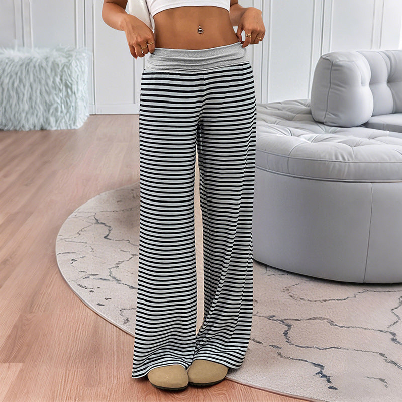 Ladies Striped Lounge Pants with Wide Leg and Elastic Waistband Mune Fashion