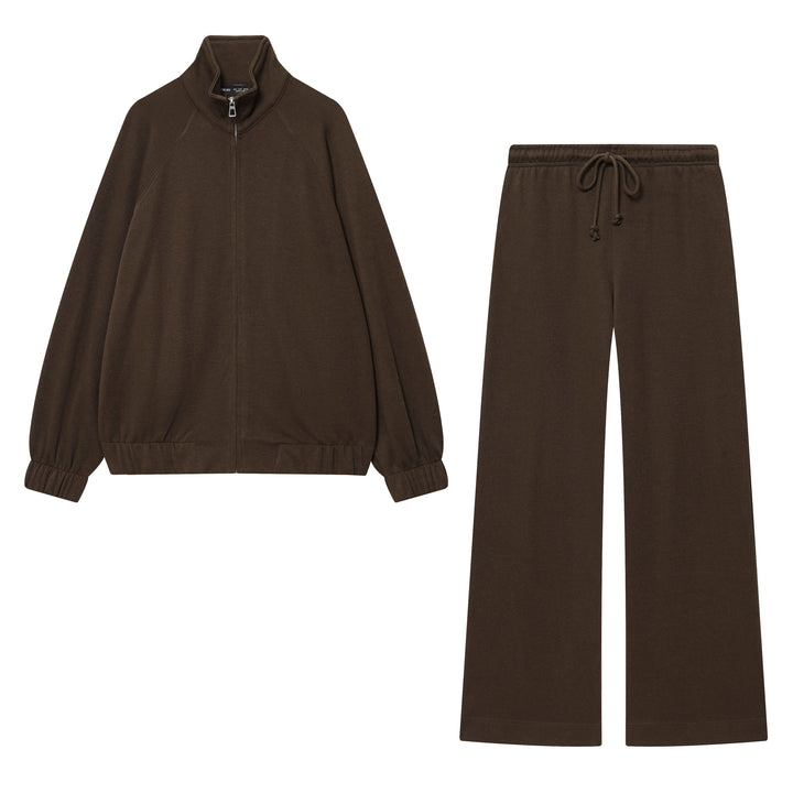 Women's casual sweatsuit two-piece with zipper stand-up collar, elastic hem, and wide high-waist pants Mune Fashion