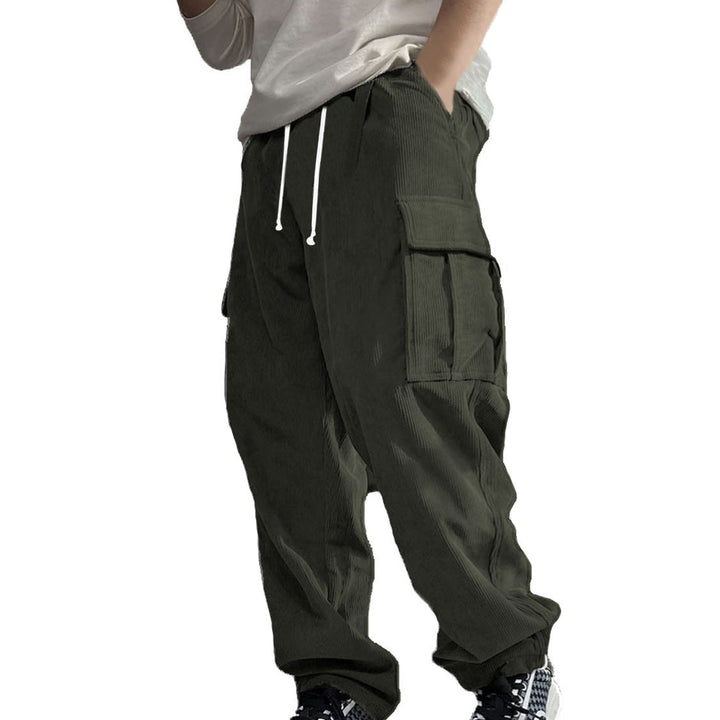 Men's Loose Cord Cargo Pants with Drawstring, Elastic Waistband & Multi-functional Pockets Mune Fashion