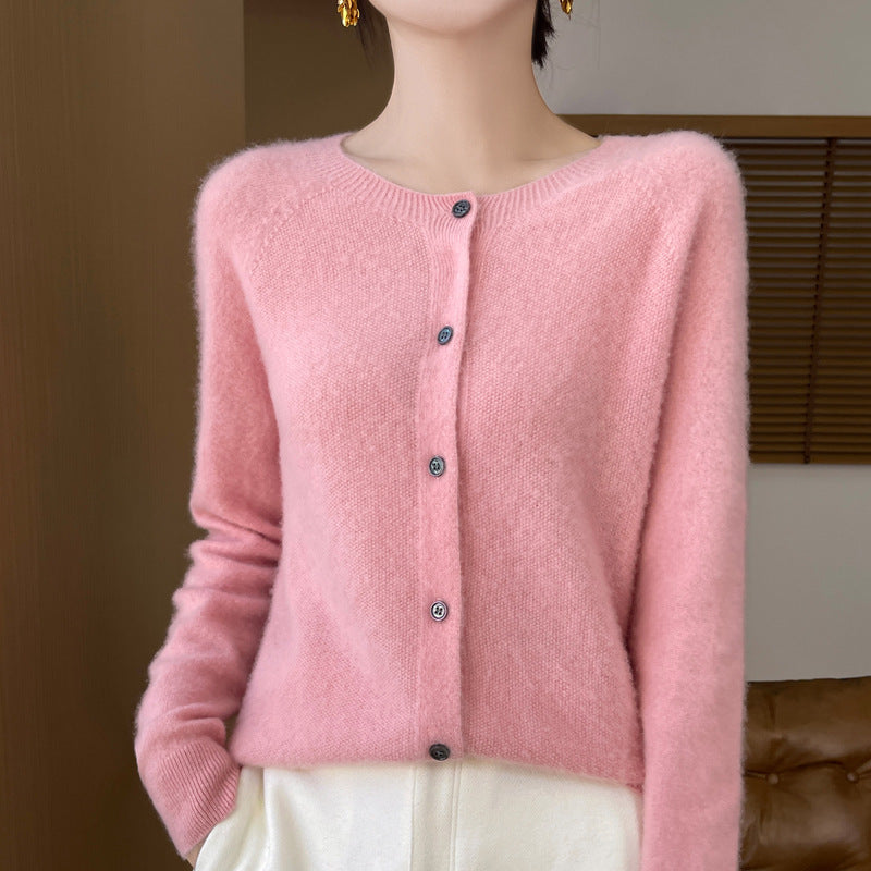 Ladies Cozy Short Cardigan made of Mohair Mix with fine virgin wool texture and mother-of-pearl button placket Mune Fashion