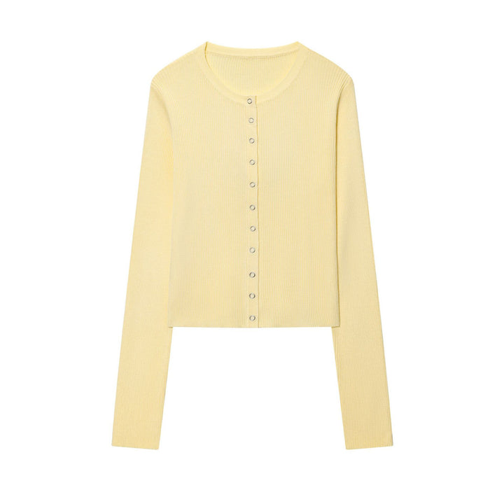Women Cropped Fine Knit Cardigan with Snap Button Placket and Rib Structure Mune Fashion