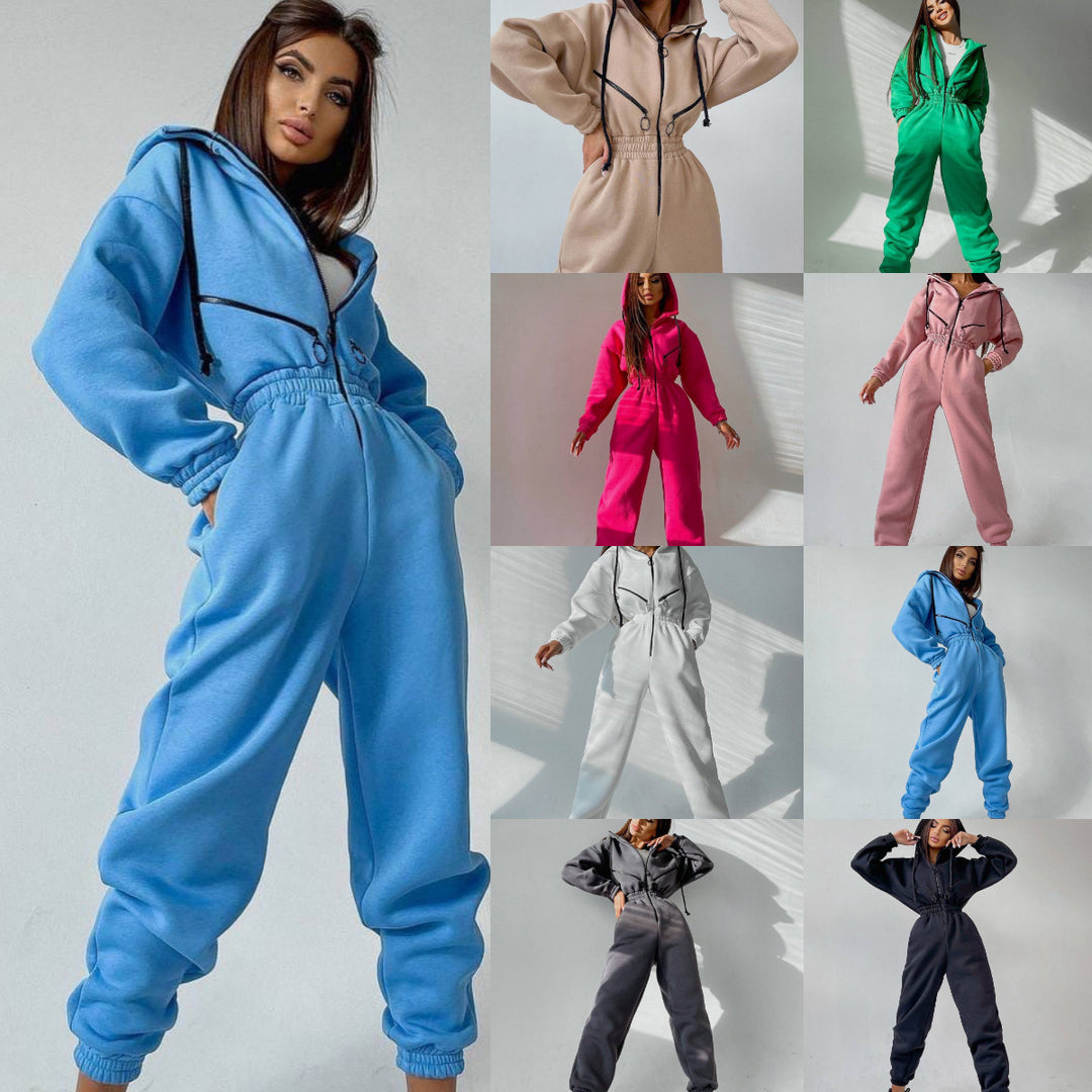 Women's tailored hooded jumpsuit with elastic waistband and striking contrast zippers Mune Fashion