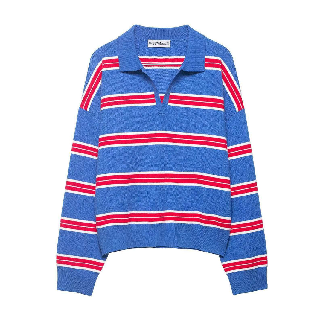 Women striped rugby knit sweater with polo collar and loose oversized fit Mune Fashion