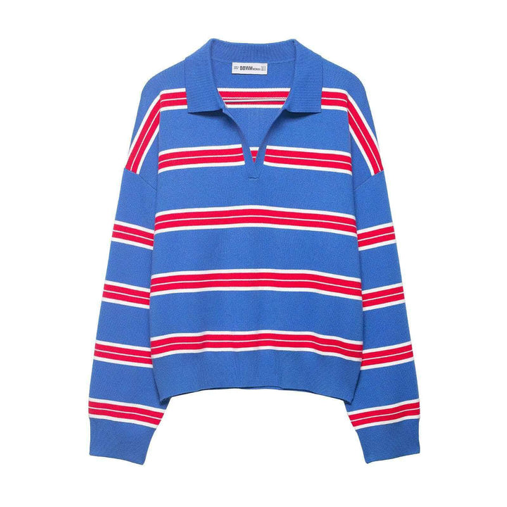 Women striped rugby knit sweater with polo collar and loose oversized fit Mune Fashion