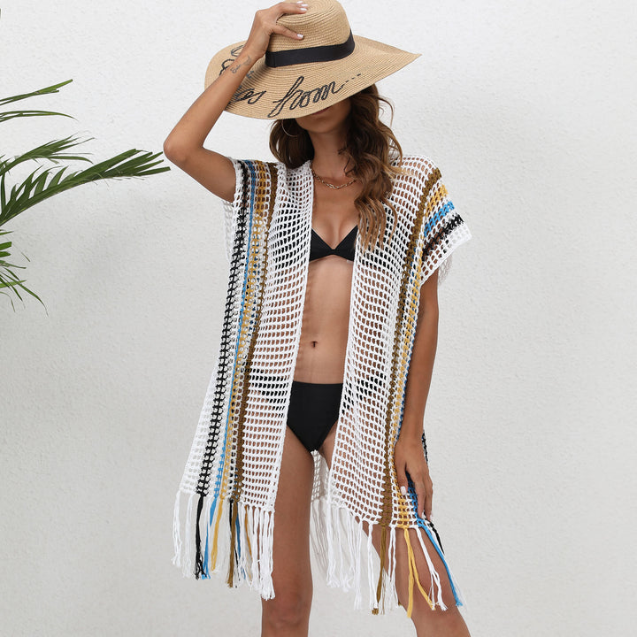 Women airy crochet beach cover-up with fringes Mune Fashion