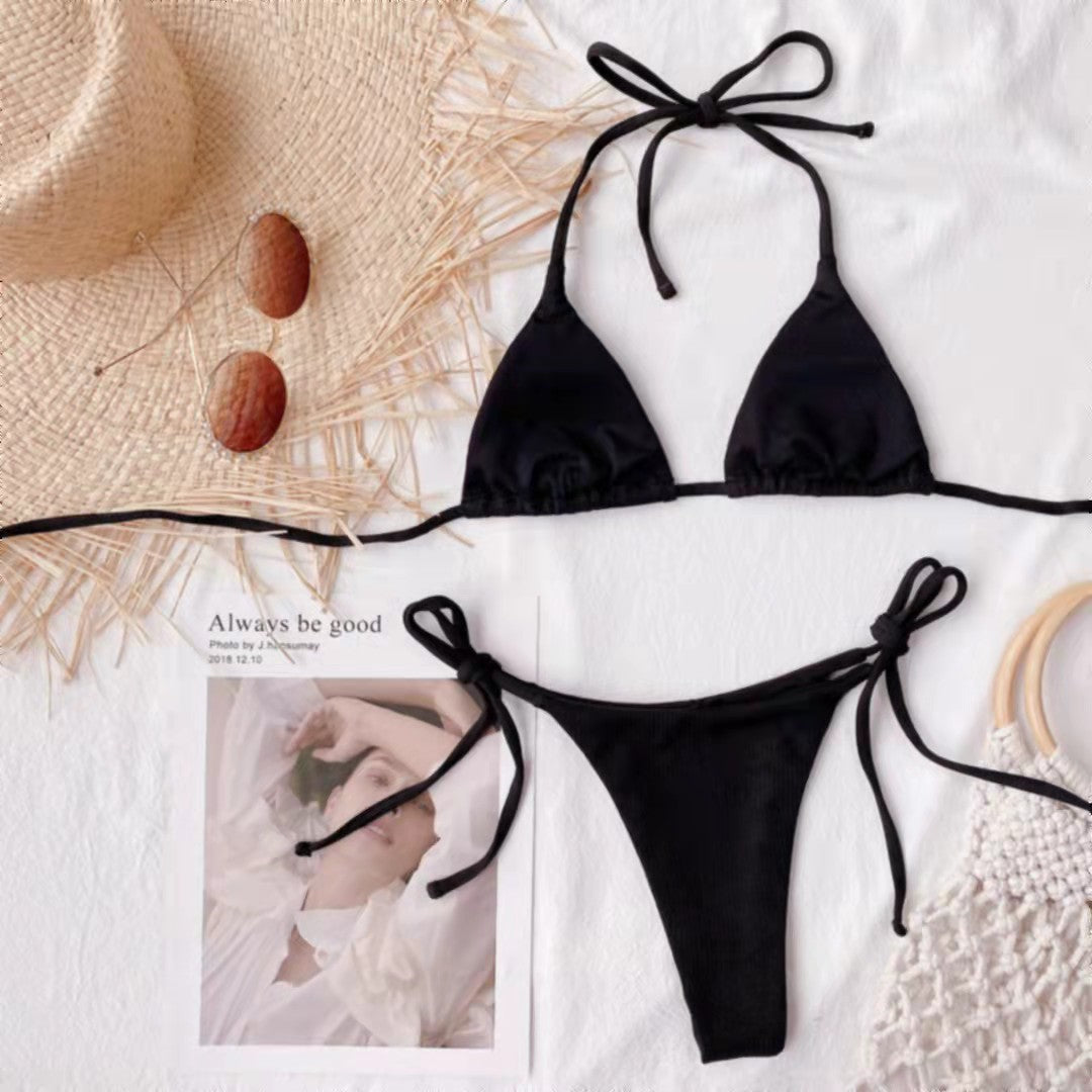Ladies Triangle Bikini with adjustable ties and ribbed knit Mune Fashion
