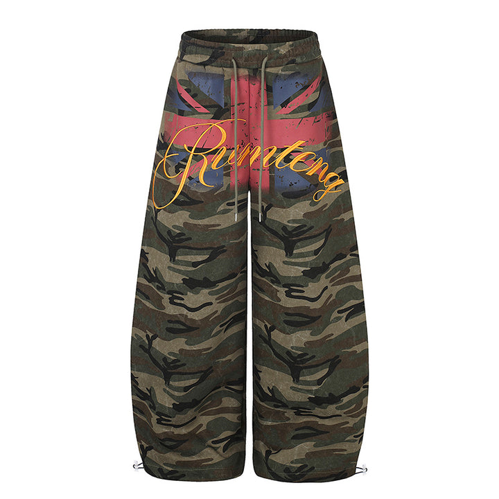 Women Extra Wide Camouflage Palazzo Pants with Drawstring Waist, Cord Drawstring and Adjustable Hem