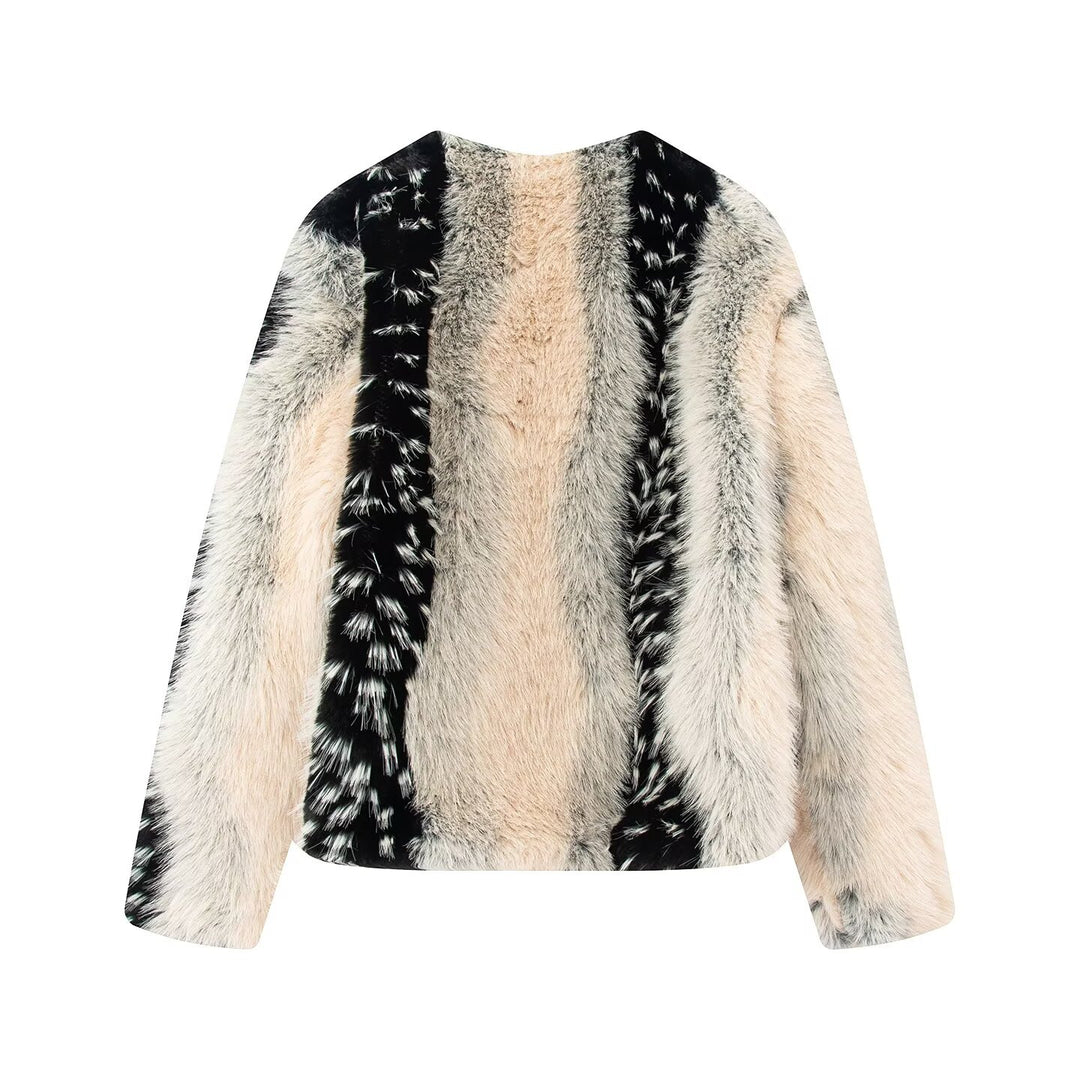 Women's cropped faux fur jacket with contrasting vertical trims and round neck Mune Fashion